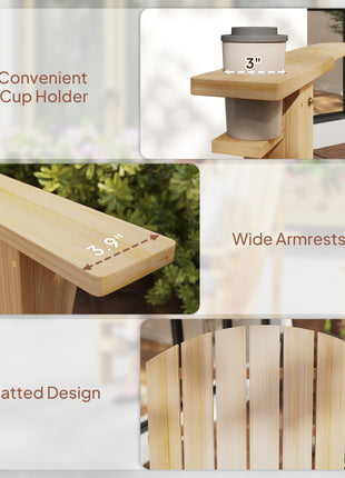 Oversized Adirondack Chair, Outdoor Fire Pit and Porch Seating, Classic Log Lounge w/ Built-in Cupholder, Natural Wood