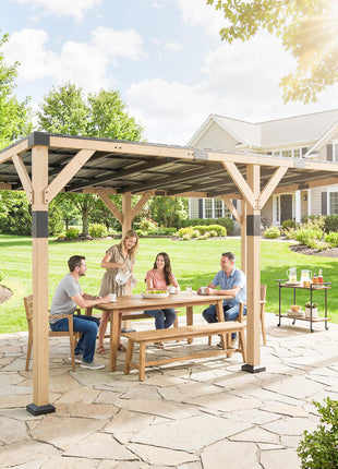 10' x 20' Wooden Gazebo, Hardtop Lean-to Gazebo Pergola with Galvanized Steel Sloped Roof, Light Walnut