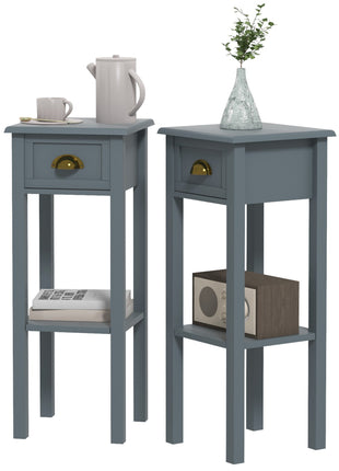 2-Tier Side Tables Set of 2 with Drawer and Shelf, 2 Pieces End Tables for Living Room and Hallway, Gray