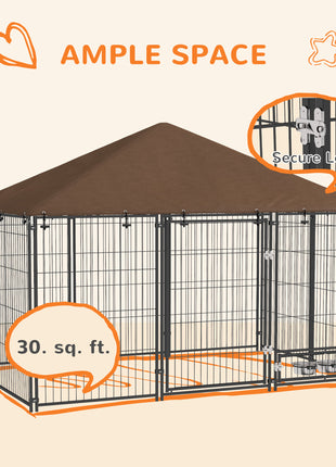 Outside Dog Kennel, 6.9' x 4.6' x 5' Puppy Play Pen with Canopy, Garden Playpen Fence Crate with Rotating Bowl, Black