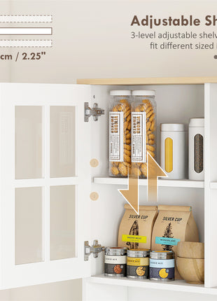 Kitchen Pantry Cabinet, 72" Freestanding Storage Cabinet with Hutch, Large Countertop, Glass Doors and Adjustable Shelves, Microwave Cabinet, Coffee Bar Cabinet for Dining Room, White