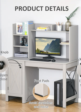 Computer Desk W/ Hutch, Home Office Desk W/ Storage Cabinet, Light Grey