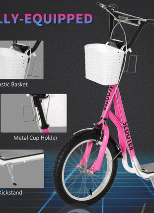 Youth Scooter, Kick Scooter with Adjustable Handlebars, Double Brakes, 16" Inflatable Rubber Tires, Basket, Cupholder, Pink
