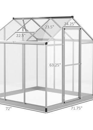 6' L x 6' W Walk-In Polycarbonate Greenhouse with Roof Vent for Ventilation & Rain Gutter for Winter