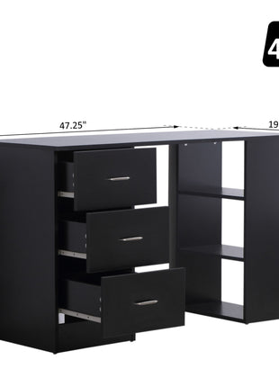 47" Home Office Computer Desk Bookcase Combo, Writing Table Workstation with 3 Drawer and Storage Shelf - Black