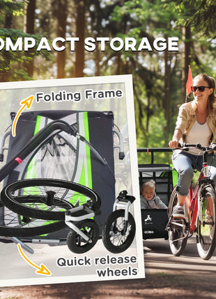 3-in-1 Bike Trailer for Kids, Running Stroller with 2 Seats, Jogging Cart with 5-Point Harness, Storage Units, Green