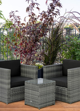 Wicker Bistro Patio Set, 2 Porch Chairs & Glass Table, Black
