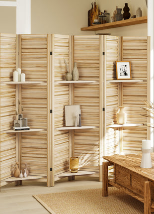 6 Panel 67" Tall Wood Privacy Screen Room Divider with 3 Shelves and Folding Storage for Bedroom, Natural Wood