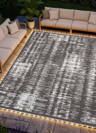 Reversible Outdoor Rug Carpet with LED Lights, Carry Bag & Ground Stakes for Backyard, Deck, Picnic, Beach, 12' x 9'