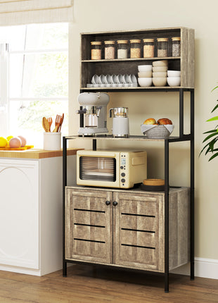 Baker's Rack with Power Outlet and Storage Shelves, Microwave Stand with Louvred Door Cabinets, Gray Wood Grain