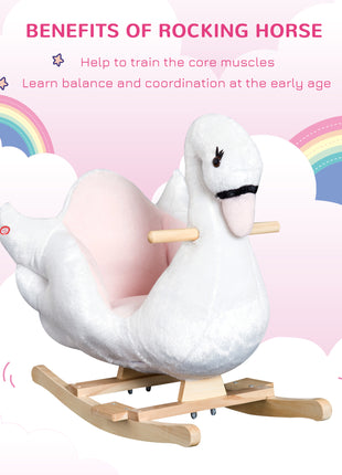 Kids Ride On Rocking Horse Plush Swan Style Toy with Music for Over 18 Months Children, White and Pink