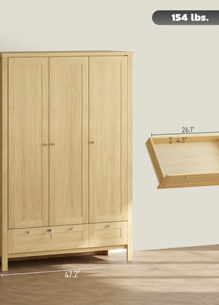 3 Doors Wardrobe Closet with 2 Drawers, Bedroom Armoire with Lockable Drawer, Hanging Rod and Storage Shelves, Natural