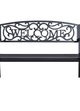 50" 2-Person Garden Bench Loveseat with Cast Iron Decorative Welcome Vines, Outdoor Patio Bench for Backyard, Porch, Entryway