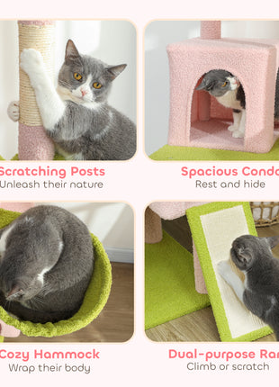 74" Flower Cat Tree, Large Cat Tower with Scratching Post & Board for Indoor Cats, Pink