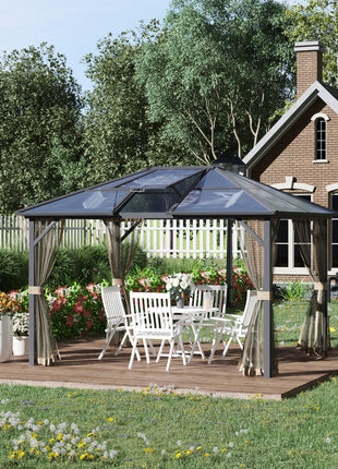 10' x 12' Hardtop Gazebo Canopy with Polycarbonate Roof, Aluminum Frame, Permanent Pavilion Outdoor Gazebo with Netting, for Patio, Garden, Backyard, Deck, Lawn, Gray, Brown