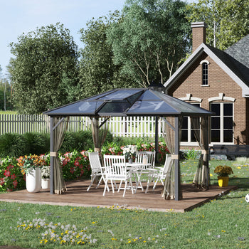 10' x 12' Hardtop Gazebo Canopy with Polycarbonate Roof, Aluminum Frame, Permanent Pavilion Outdoor Gazebo with Netting, for Patio, Garden, Backyard, Deck, Lawn, Gray, Brown