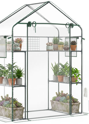 Outdoor Walk-in Mini Greenhouse with Mesh Door & Windows, Small Portable Garden Green House with 3 Tiers 6 Shelves, Trellis, & Plant Labels