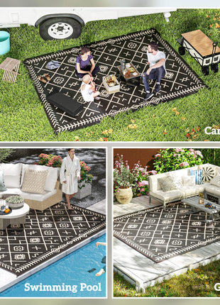 Reversible Outdoor Rug, Waterproof Plastic Straw with Carry Bag, 9' x 12', Black & Beige Rhombus