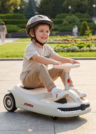 12V Electric Wiggle Car with Convertible Steering Wheel Pull Handle, 2 Speed, Music, Lights for 3-5 Years, White