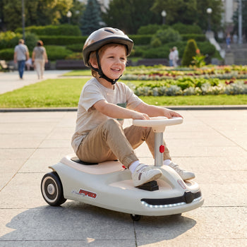 12V Electric Wiggle Car with Convertible Steering Wheel Pull Handle, 2 Speed, Music, Lights for 3-5 Years, White