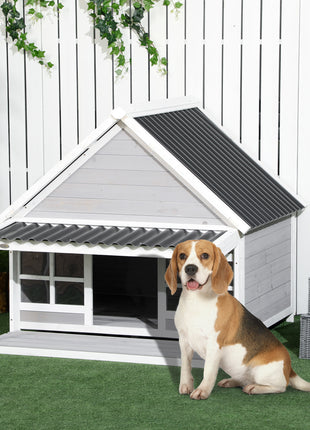Wooden Dog House with Porch, Dog House Outdoor with Tilt Roof, Front Door, Windows for Medium Large Sized Dog