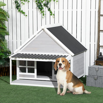 Wooden Dog House with Porch, Dog House Outdoor with Tilt Roof, Front Door, Windows for Medium Large Sized Dog