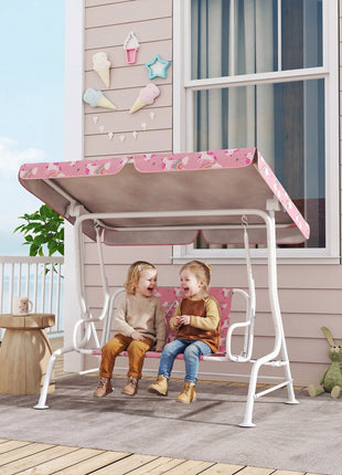 Kids Porch Swing, 2-Seater Patio Swing Bench with Safety Belts, Adjustable Canopy for Backyard, Garden, Pink