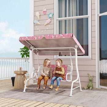 Kids Porch Swing, 2-Seater Patio Swing Bench with Safety Belts, Adjustable Canopy for Backyard, Garden, Pink