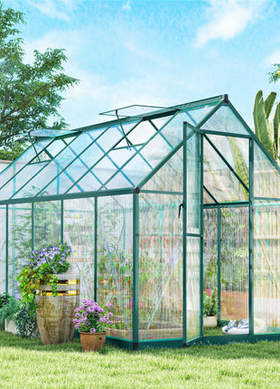 Polycarbonate Greenhouse with Swing Door and Two Adjustable Roof Vents, Aluminum Walk-in Greenhouse, 11x6 ft, Dark Green