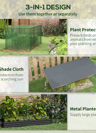 Galvanized Steel Planter Box with Crop Cage and Shade Cloth, Raised Garden Bed for Flowers, Veggies and Herbs, Gray