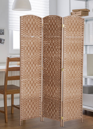 6' Tall Wicker Weave 3 Panel Room Divider Wall Divider, Natural Wood