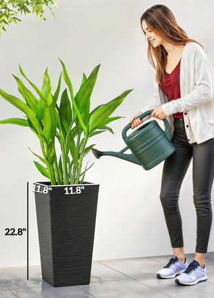 22.8 Inch Set of 3 Outdoor Planters with Stone Finish and Wheels, Stackable Tapered Planters with Drainage Hole, Black