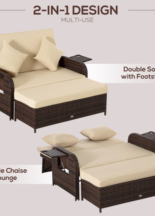 Patio Rattan Daybed with Cushions, Wicker Outdoor Bed Lounger w/ Loveseat, Storage Ottoman, Coffee & Side Tables, for Poolside, Porch, Backyard, Beige
