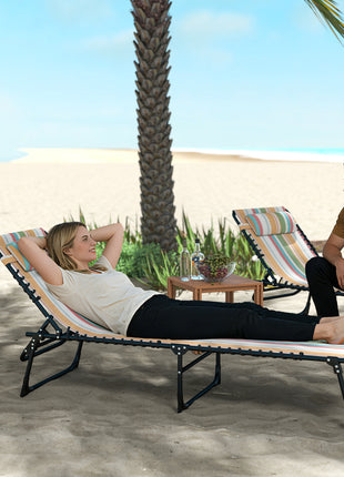 Folding Chaise Lounge Pool Chair with 4-Position Reclining Back, Pillow, Breathable Mesh & Bungee Seat, Rainbow Striped