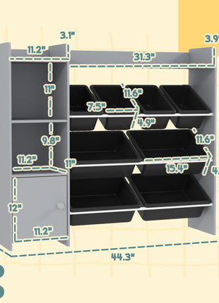Toy Storage Organizer with 8 Bins, 2 Storage Cubbies, Shelf, Drawer, Gray