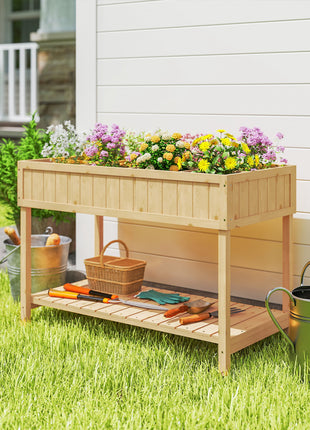 43x18x30in Raised Garden Bed with 8 Pockets and Shelf, Wooden Elevated Planter Box with Legs to Grow Herbs, Vegetables, and Flowers, Natural