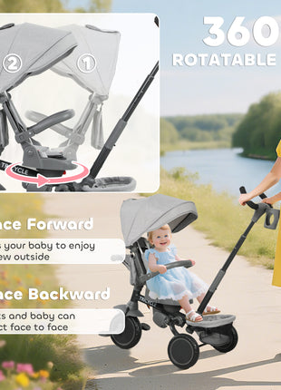 6 in 1 Kids Tricycle with Adjustable Push Handle, Removable Canopy, Reversible Seat, for 1-5 Years, Gray