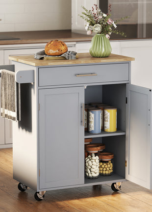 Kitchen Island Cart, Rolling Island Table with Solid Wood Top, Trolley Cart with Drawer, Storage Cabinet & Towel Rack, Gray