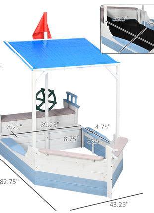 Kids Sandbox with Canopy, Pirate Ship Wooden Sand Boxes with Bench for Backyard, Sand Pit for Toddlers, 83" x 43", Blue