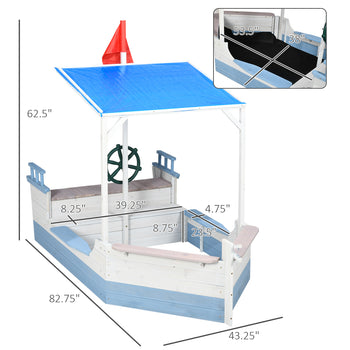 Kids Sandbox with Canopy, Pirate Ship Wooden Sand Boxes with Bench for Backyard, Sand Pit for Toddlers, 83" x 43", Blue