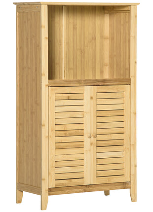 Bamboo Floor Cabinet Bathroom Floor Cabinet Living Room Organizer Tower with Multiple Shelves and Doors, Natural