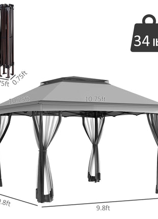 11x11 Canopy Gazebo, Portable Outdoor Patio Shelter with Zipper Mesh Privacy Netting, Carry Bag Included, for Family Use, Light Gray