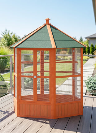 69" Wooden Hexagonal Outdoor Aviary Flight Bird Cage With Covered Roof, Brown