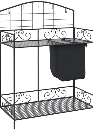 Folding Potting Bench Table, Metal Garden Workstation, Work Bench with Large Build-In Bag with Cover, 5 Hanging Hooks & Storage Shelf, Flourishes