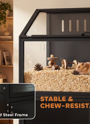 Hamster Cage with Storage Cabinet, Small Animal Cage with Easy View Acrylic Panels and Openable Top, Guinea Pig Habitat