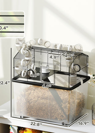 2 Tier Hamster Cage with 12" Deep Tray, Tube System, Water Bottle, Ramp, Feeding Bowl, 23" x 17" x 22", Black