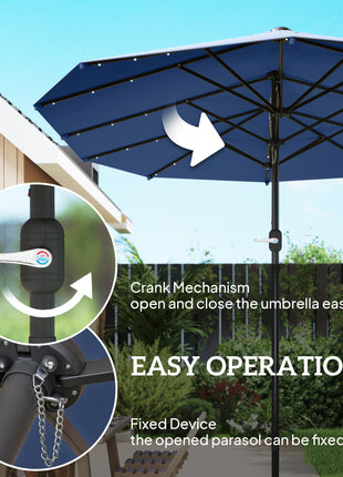 Garden Parasol 14.4ft Double-Sided Sun Umbrella with Base, Patio Parasol with LED Solar Lights, Navy Blue