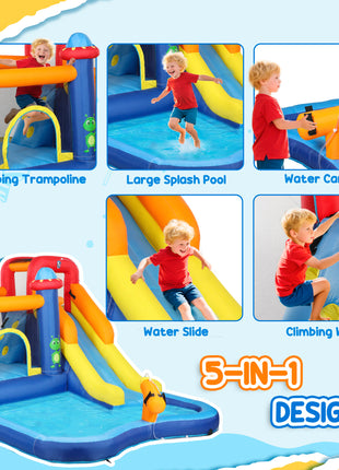 5 in 1 Inflatable Bounce House, Water Slide with 550W Blower, Splash Pool, Trampoline, Climbing Wall, Cannon
