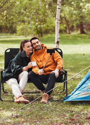 Double Folding Camping Chair, Loveseat for 2 Adults, Portable Camping Couch with Wood Armrest & Cupholders, for Backpacking, Beach, Sports Travel, Black