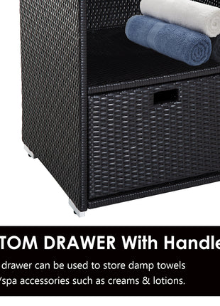 Poolside Towel Cabinet, Rattan Wicker with Storage,2-Tier Shelves and Bottom Drawer, for Pool, Patio Backyard, 47", Dark Brown